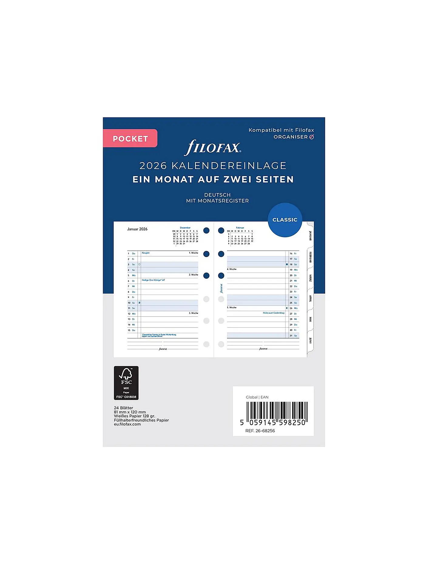 FILOFAX | Kalendereinlage Pocket 2026 Monat Deutsch | 